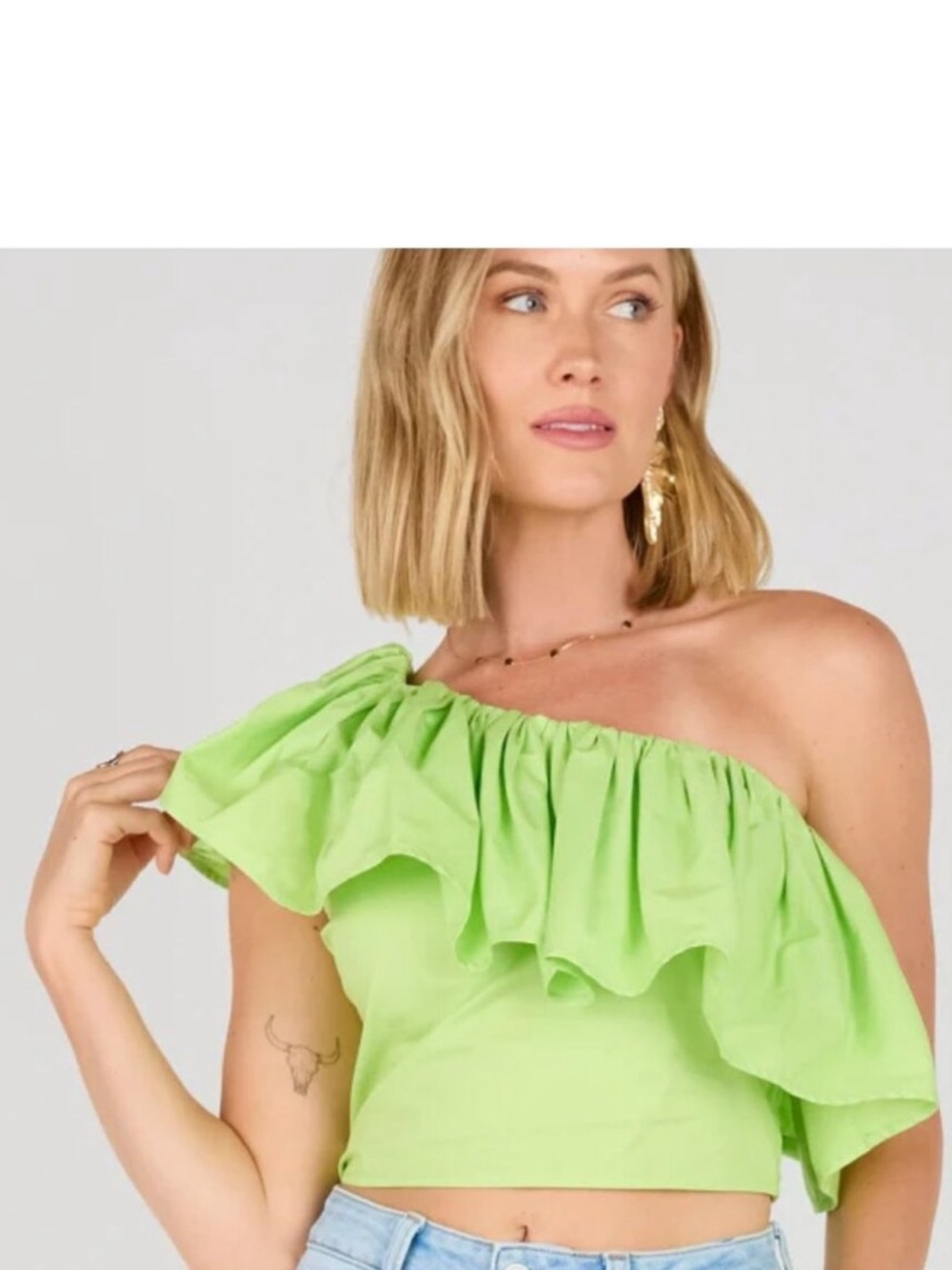 vestique Lime One-Shoulder Ruffle Crop Top